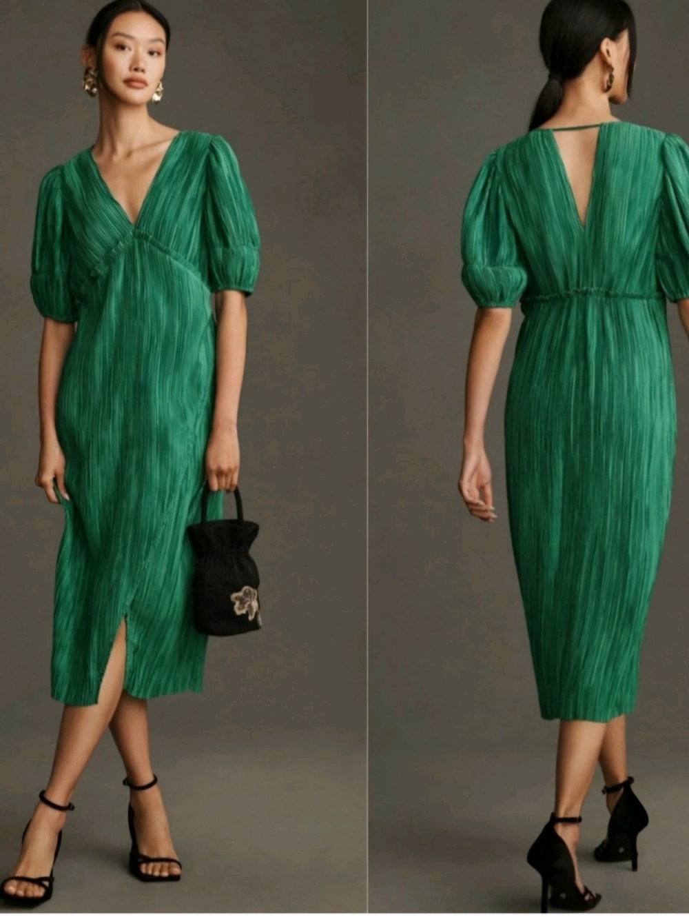 Anthropologie V-Neck Pleated Slim Green Midi Dress NWT XS